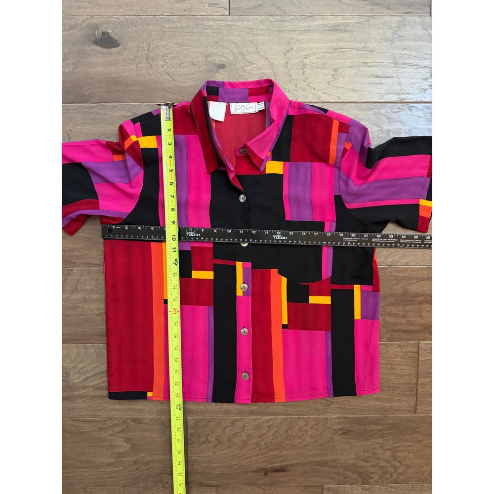 Vintage Cathy Che Geometric Color Block Button Down Shirt Pink Purple 80s 90s - Picture 5 of 6